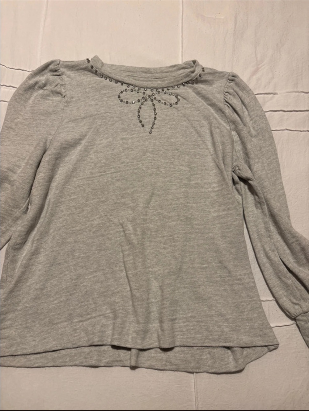 LOFT Light Gray Long Sleeve Top with Beaded Bow Detail